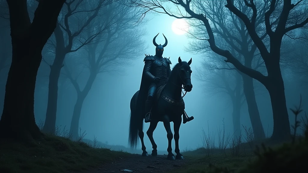 A cinematic, low angle full body shot of Venger from Dungeons & Dragons, realistically depicted as a live-action movie character, riding his imposing black horse through a shadowy, ancient forest, with dense fog and eerie light filtering through twisted branches, the scene bathed in cold, moonlit hues, shot with a Sony A7R IV, 28mm lens, deep contrast with a dark and moody color palette 