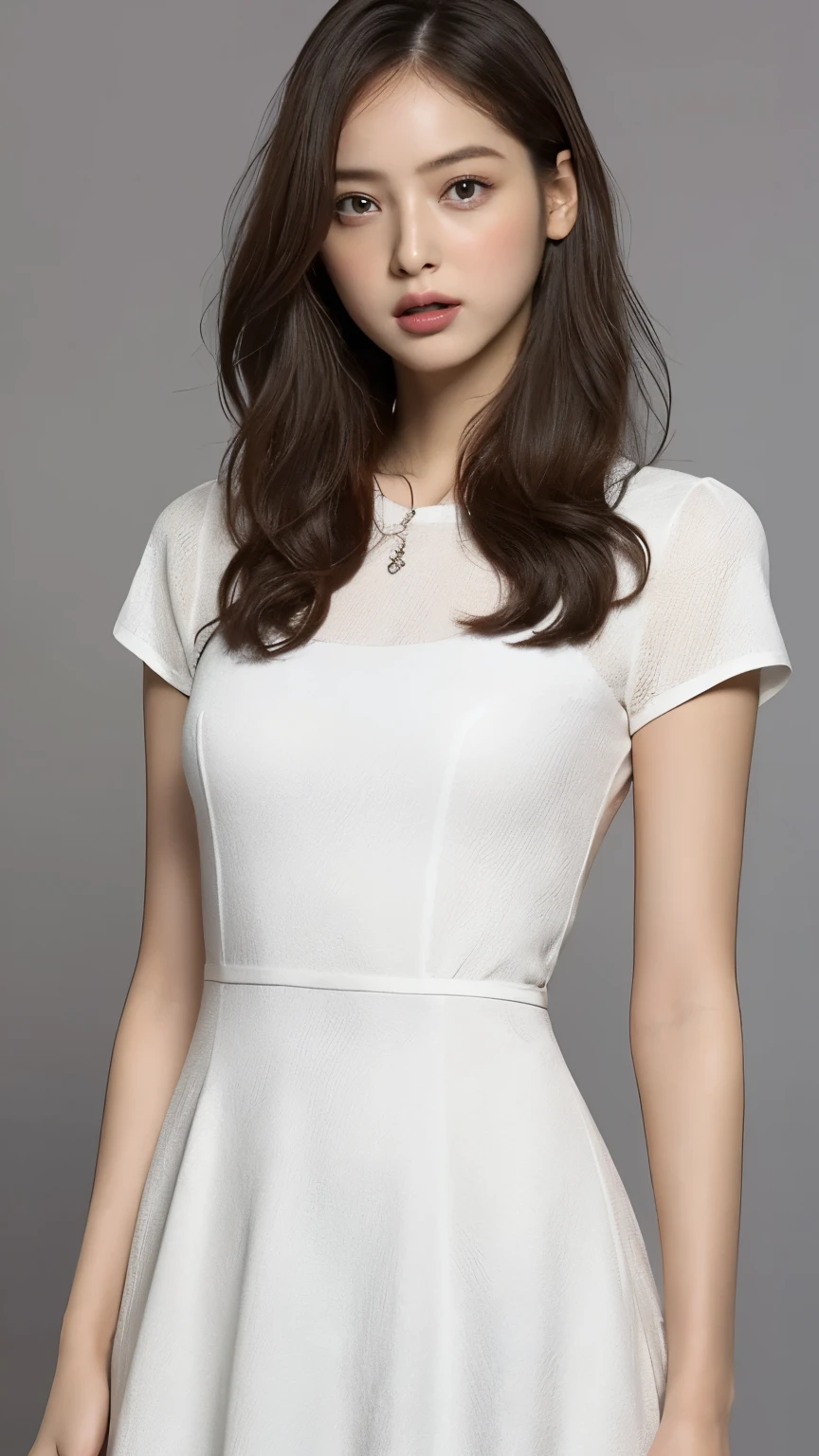 Highest quality,masterpiece,Ultra-high resolution,(Actual:1.4),Original photo,Ultra-high resolution，8K，There are also women，Fair skin、white short sleeve dress ,
Long legs:1.5，Bright and beautiful，high waist，Flashy makeup，Gray background，