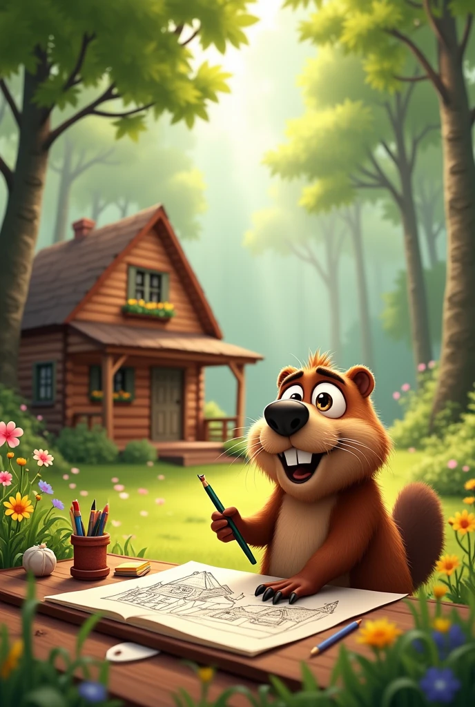 Draw an animated beaver as a drawing imagining a house