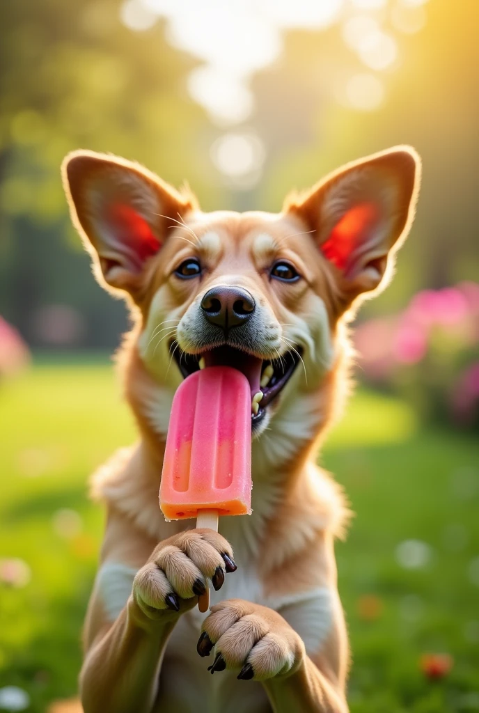 A medium-sized mixed breed dog with floppy ears and smooth yellow fur/coffee eating a popsicle