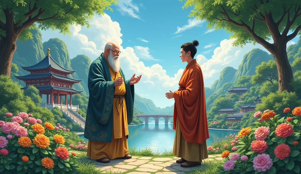 An wisdom full old fat Chinese monk standing and talking to young student, beautiful garden, flowers, surrounded by temples, beautiful scenario, trees, in anime style,