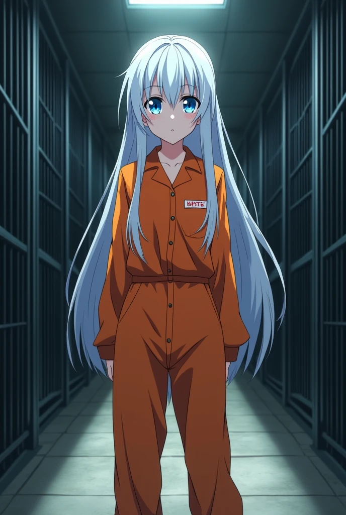 Anime girl with white hair and crystal blue eyes wearing a prison Orange jump suit