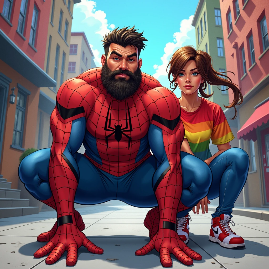 marvel DIGITAL DIGITAL art style: a 45 years old male with a beard wearing spiderman costume, big masculine bulge, he's squatting down. He's squatting down behind a 20 years old female wearing lgbt shirt, squatting down behind her