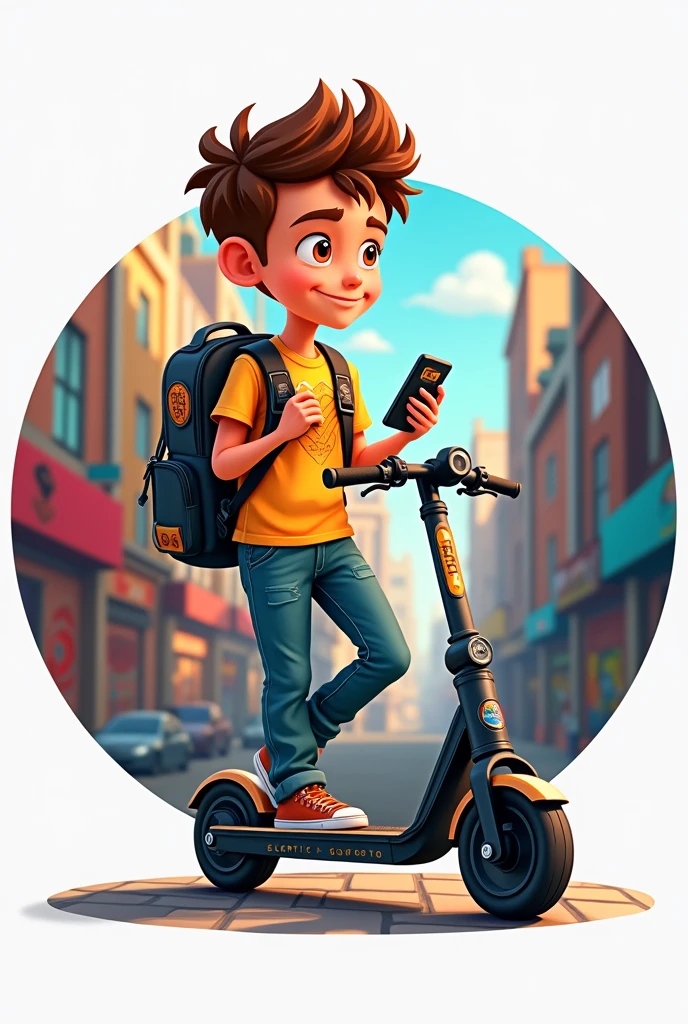 Create a round logo of a brown hair boy avatar with his electric scooter and his backpack and his smartphone