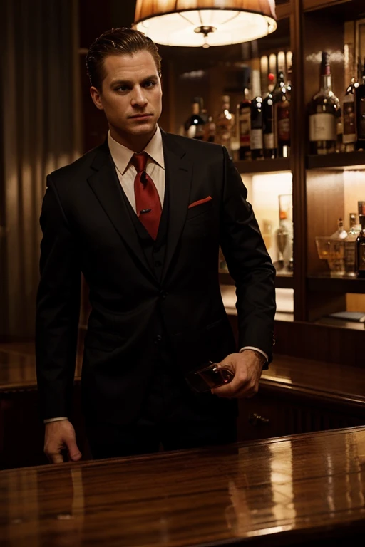 Photograph showing a man in a black suit and red tie holding a glass of whiskey, inspired by harvey specter