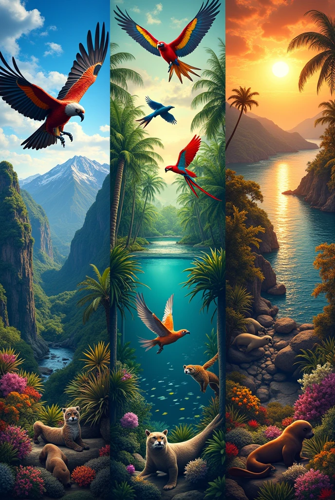 Create a triptych of the Biodiversity of the animals of Peru ( with information