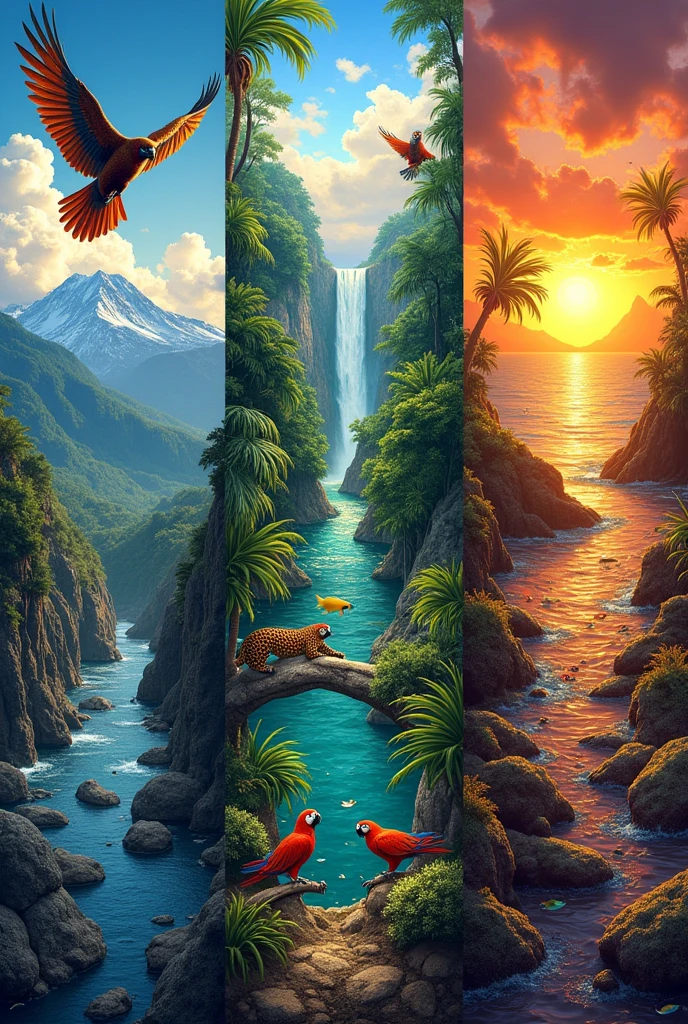 Create a triptych of the Biodiversity of the animals of Peru ( with information