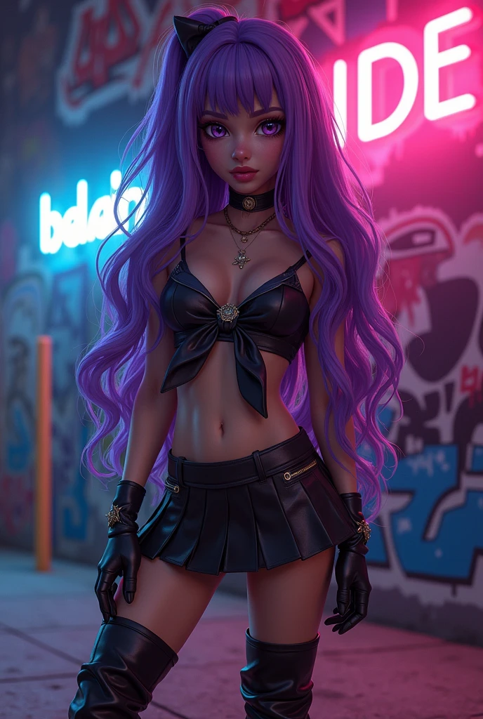 a sexy beautiful female sailor soldier with long purple hair, big eyes,detailed face, full lips, athletic build, wearing a short skirt with high boots, posing confidently, in a dynamic urban hiphop style setting, neon lights, graffiti wall, moody dramatic lighting, vibrant colors, cinematic 8k, conceptual art, digital painting