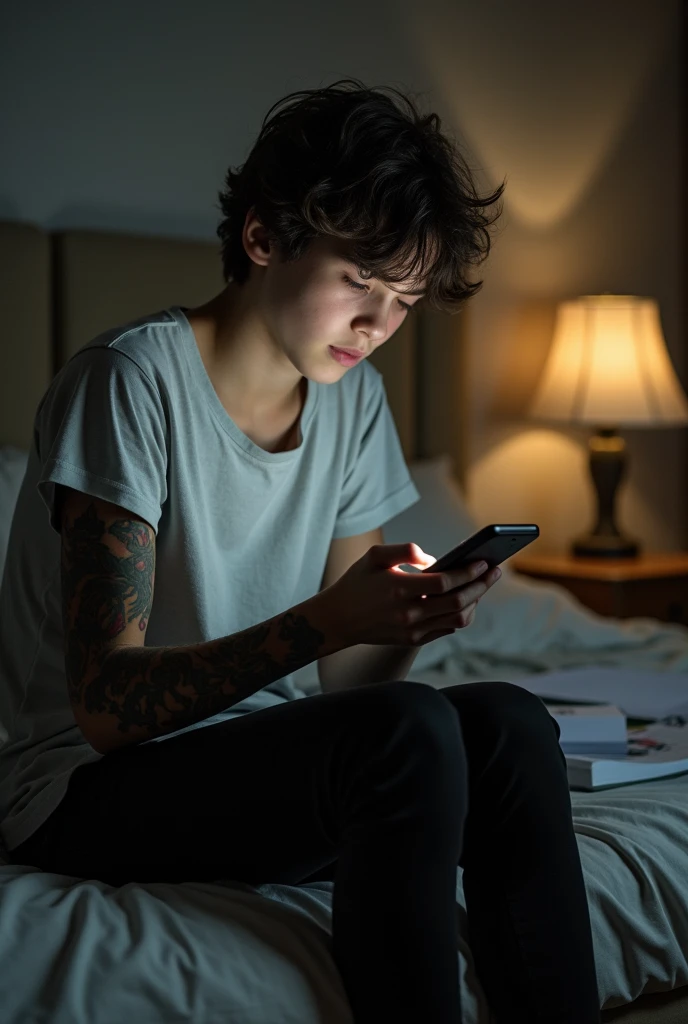 A 22 year old boy with very light skin, and dark brown wavy hair with tattoos on his right arm is in his room, Calling on his phone but reflecting sadness and agony because no one answers his call