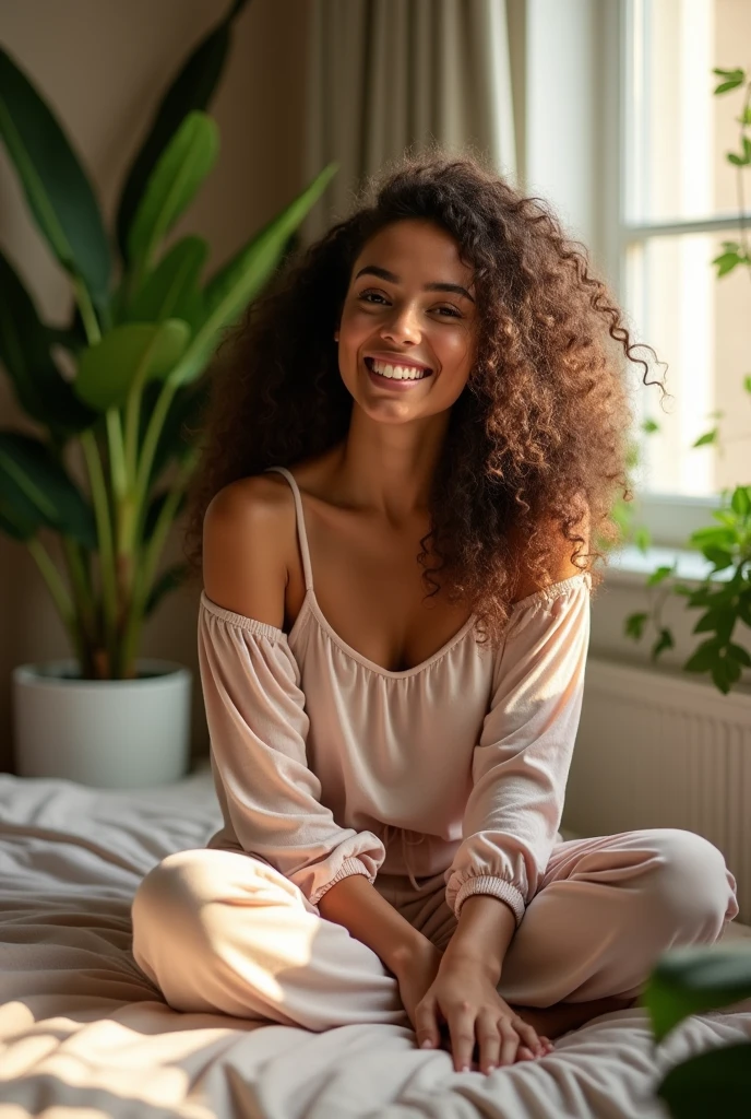 (photorealism:1.2), beautiful woman, sitting on bed, wearing loose off-shoulder top, pajama pants, long curly hair, indoors, soft lighting, plants in background, window with sunlight, cozy room, relaxed pose, realistic, intricate details, warm colors, by Greg Rutkowski, by Alphonse Mucha