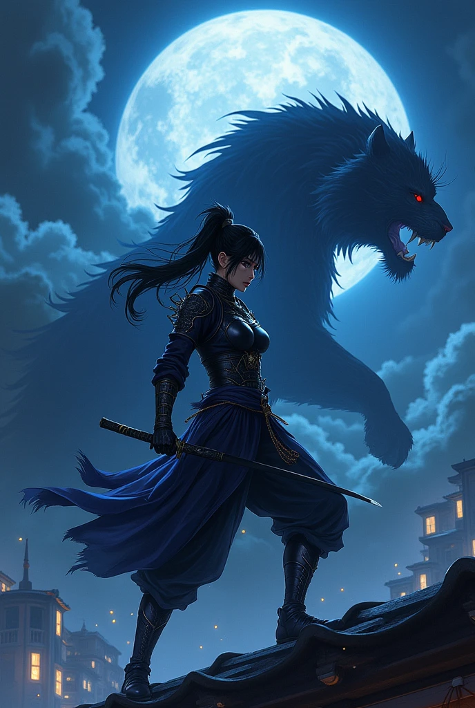Kunoichi with aggressive ninja stance-to double black and dark blue ninja armor on rooftop against night sky and shadow of black tiger