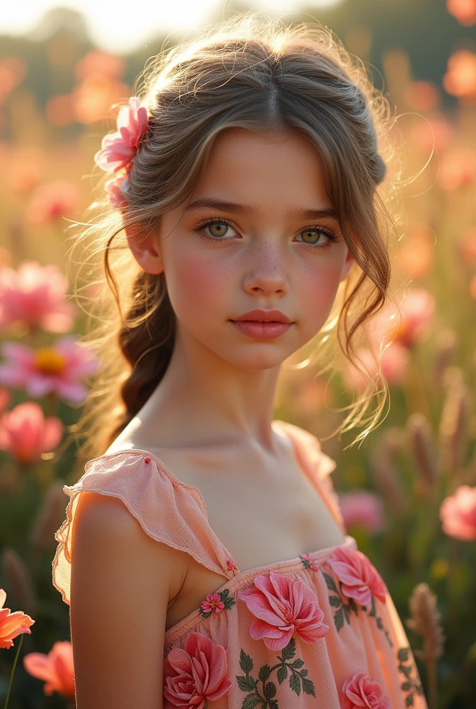 A young girl in a serene garden, beautiful detailed eyes, beautiful detailed lips, extremely detailed face and features, long eyelashes, delicate and elegant, intricate floral dress, soft lighting, warm color palette, 4k, 8k, photorealistic, masterpiece, digital art, concept art, hyperrealistic, highly detailed