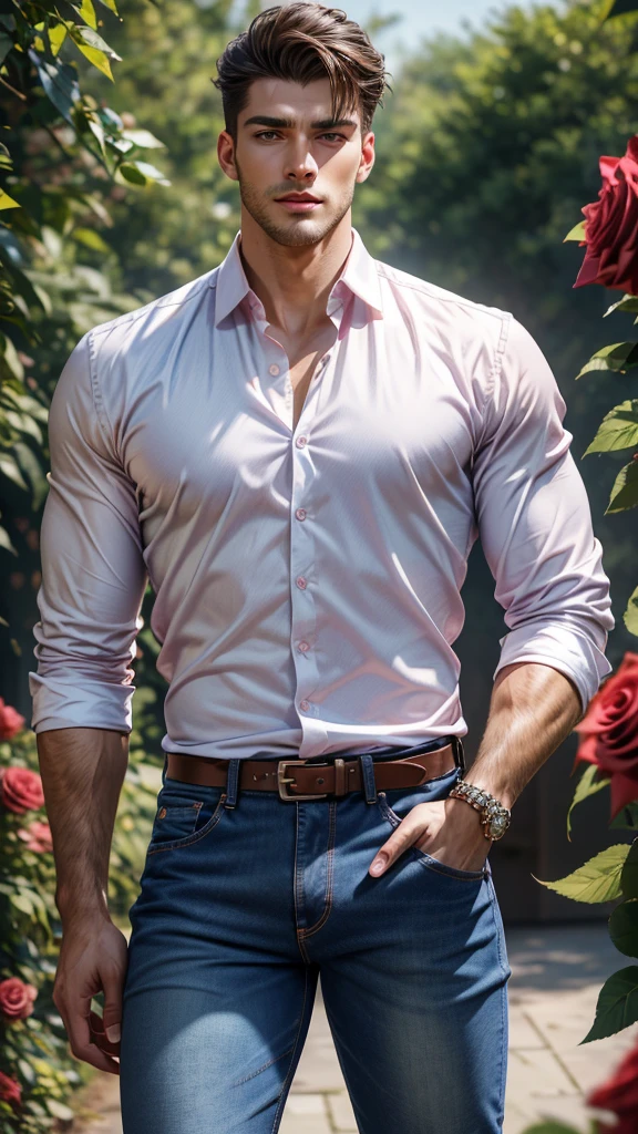 (absurdres, highres, ultra detailed), 1 male, beautiful,handsome, tall muscular guy, smooth skin, sexy gaze, mature, verious red and pink roses around him, jewellery, the man is standing comfortably in the roses, from directly above, (white shirt, jeans), gorgeous, wet, model pose, colorful, artistic, depth of field, focus on his calm facial features, elegant look, looking at the viewers romantically,