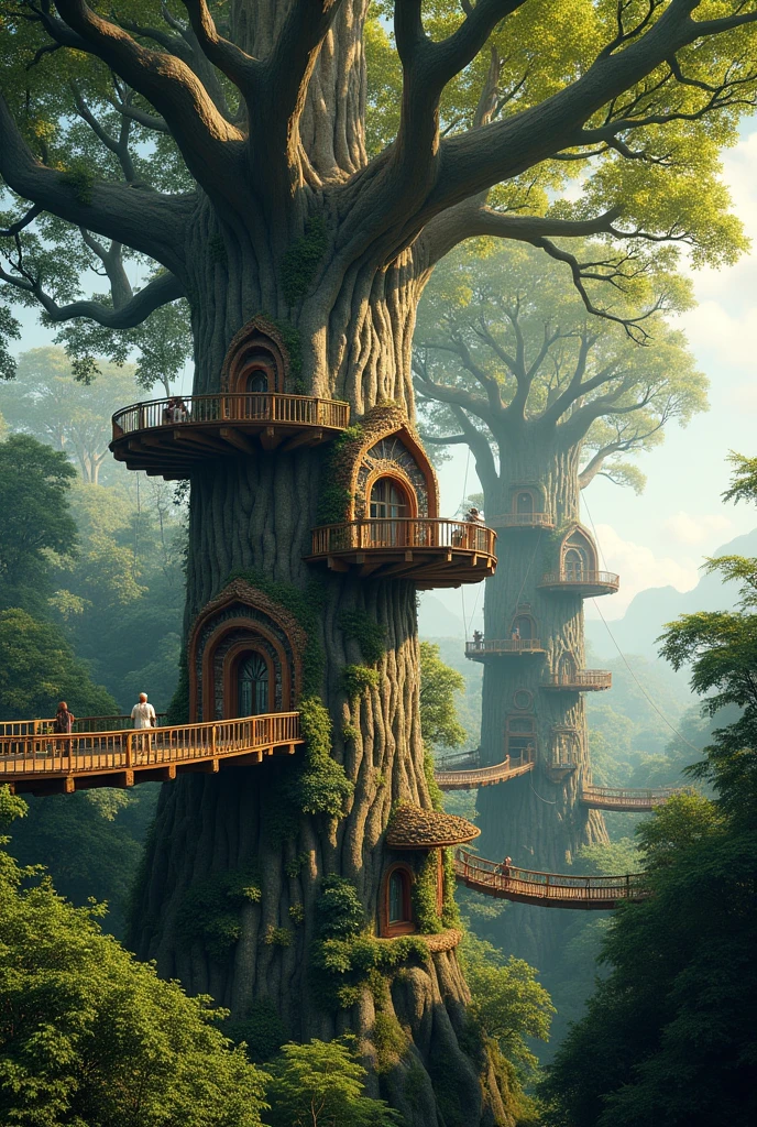 A gigantic forest with 4 super giant trees with houses connected to each other by hanging bridges. All the houses are above the ground, attached to the tree.