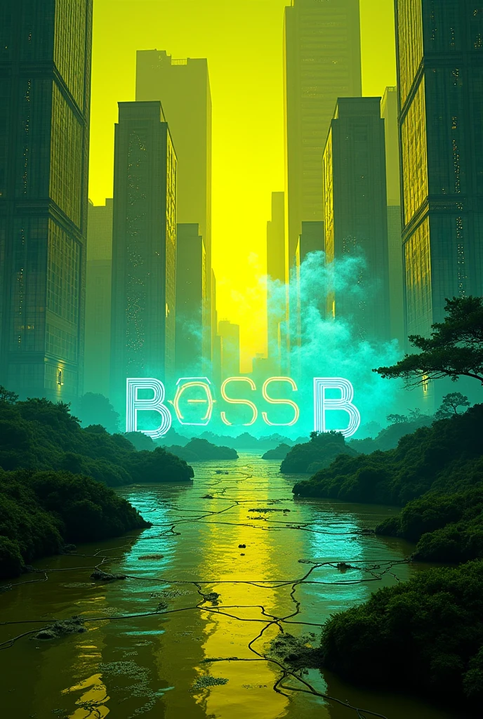 Futuristic theme of yellow and green colors, voir des lueurs bleus, a title in the middle titled : BOSS B