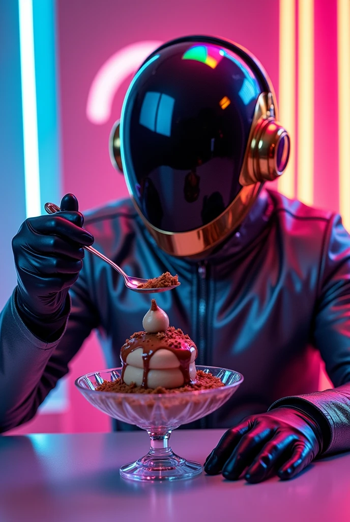 A character from the Daft Punk video eats a Danette 