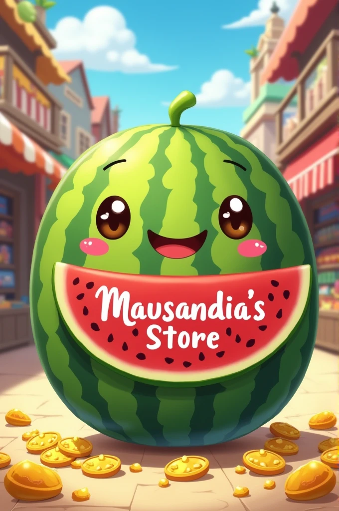 Cute watermelon with kawaii mouth and blush and eyes, anime style that says inside with nuggets written: Mausandia's Store