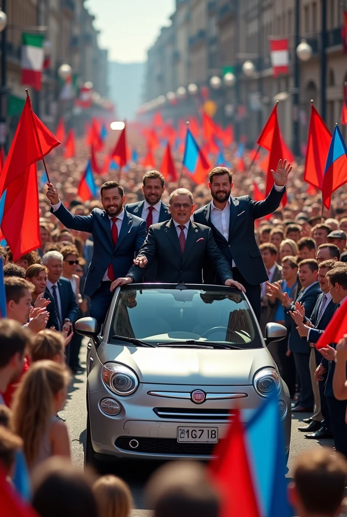Street crowded with people with red flags and a car with 5 politicians on top (fiat) many people with blue flags around the car (from above view)