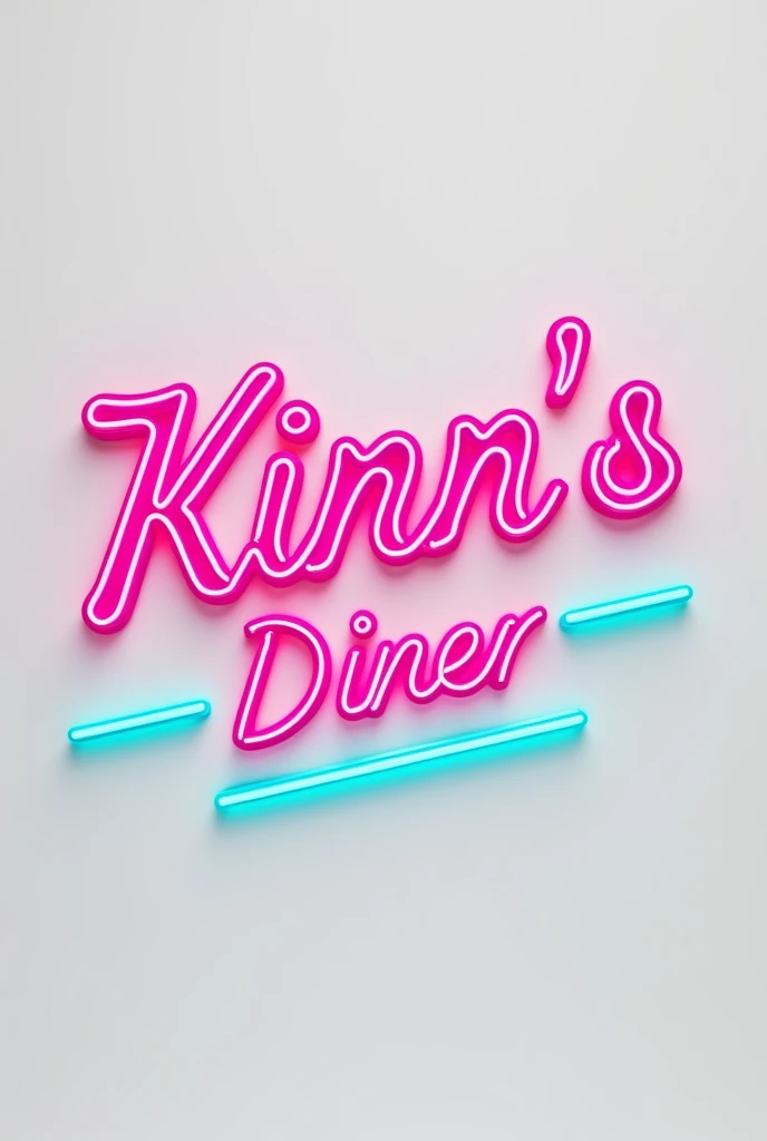 Letters for logo white background neon letters that say "Kinn's Diner" pink color and two aqua colored lines below , to be seen from the front