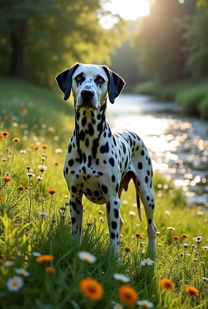 Male Dalmatian dog in green field with river below on right side