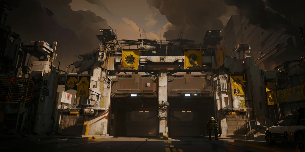huge military base gate, yellow flags, smoky background, cyberpunk style