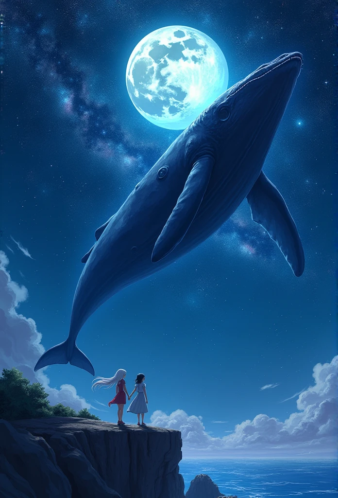 A huge whale appeared in the sky before the full moon,Shinkai Makoto 西里尔·罗兰多, Anime Art Wallpaper 4K, Anime Art Wallpaper 4K, anime art wallpaper 8 k, Universe sky. author:Shinkai Makoto, Cyril Rolando (Cyril Rolando) of inspiration, Dan Mumford (dan mumford) Artwork style, Amazing wallpapers, By Yumi, White hair、sweet couple
