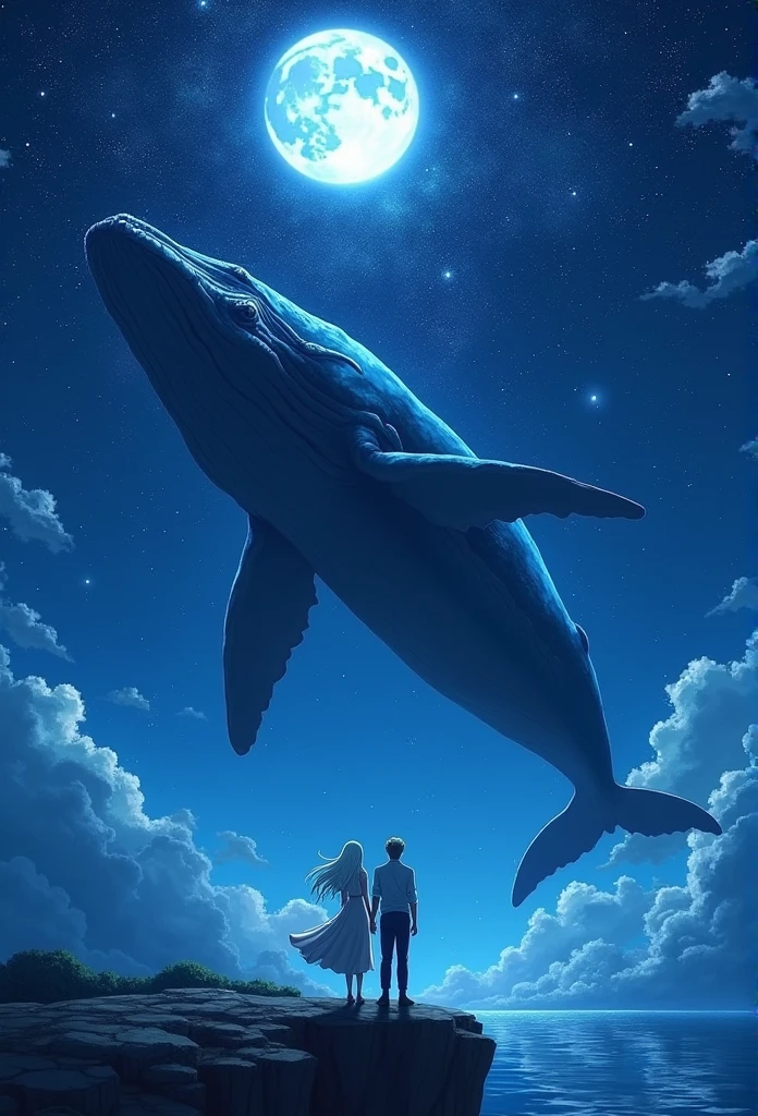 A huge whale appeared in the sky before the full moon，Shinkai Makoto 西里尔·罗兰多, Anime Art Wallpaper 4K, Anime Art Wallpaper 4K, anime art wallpaper 8 k, Universe sky. author：Shinkai Makoto, Cyril Rolando (Cyril Rolando) of inspiration, Dan Mumford (dan mumford) Artwork style, Amazing wallpapers, By Yumi, White hair、sweet couple