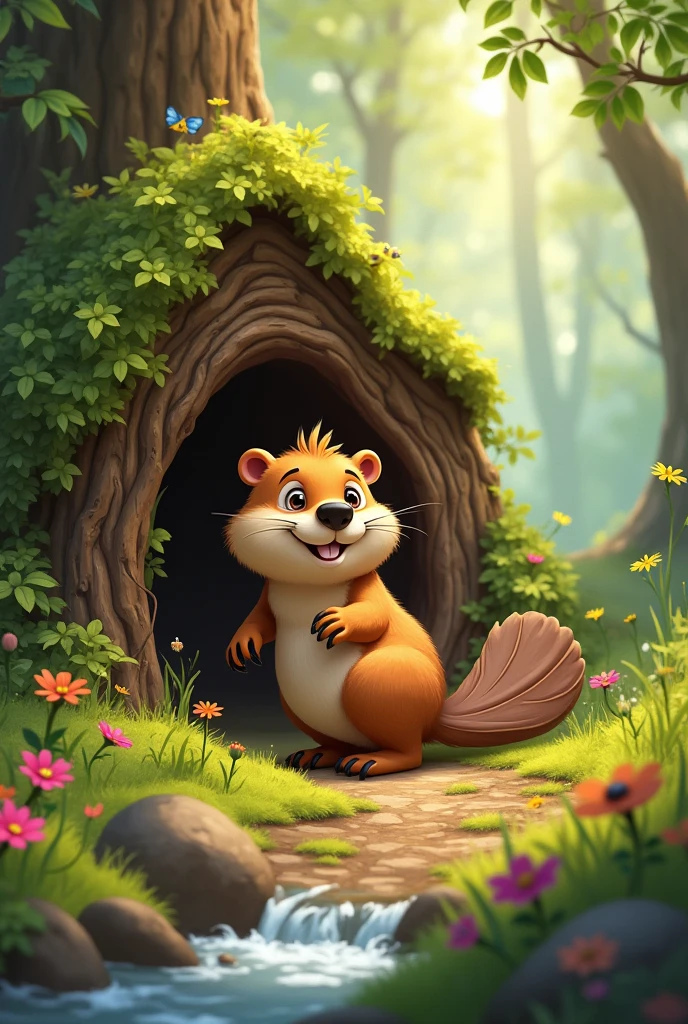 Draw an animated female beaver as a drawing imagining her house in a forest
