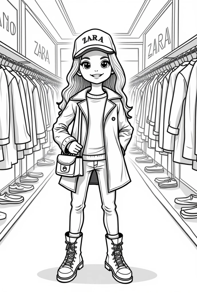 Create an illustration for a children's coloring book, which can be used in the Zara store. girl, dressed in stylish clothes, typical for Zara collections (For example, coat, jeans, boots, handbag, cap). Leave the clothes and background without color., so that children can color them to their liking. The background may contain elements of the store's interior. Make the image friendly and suitable for younger children..