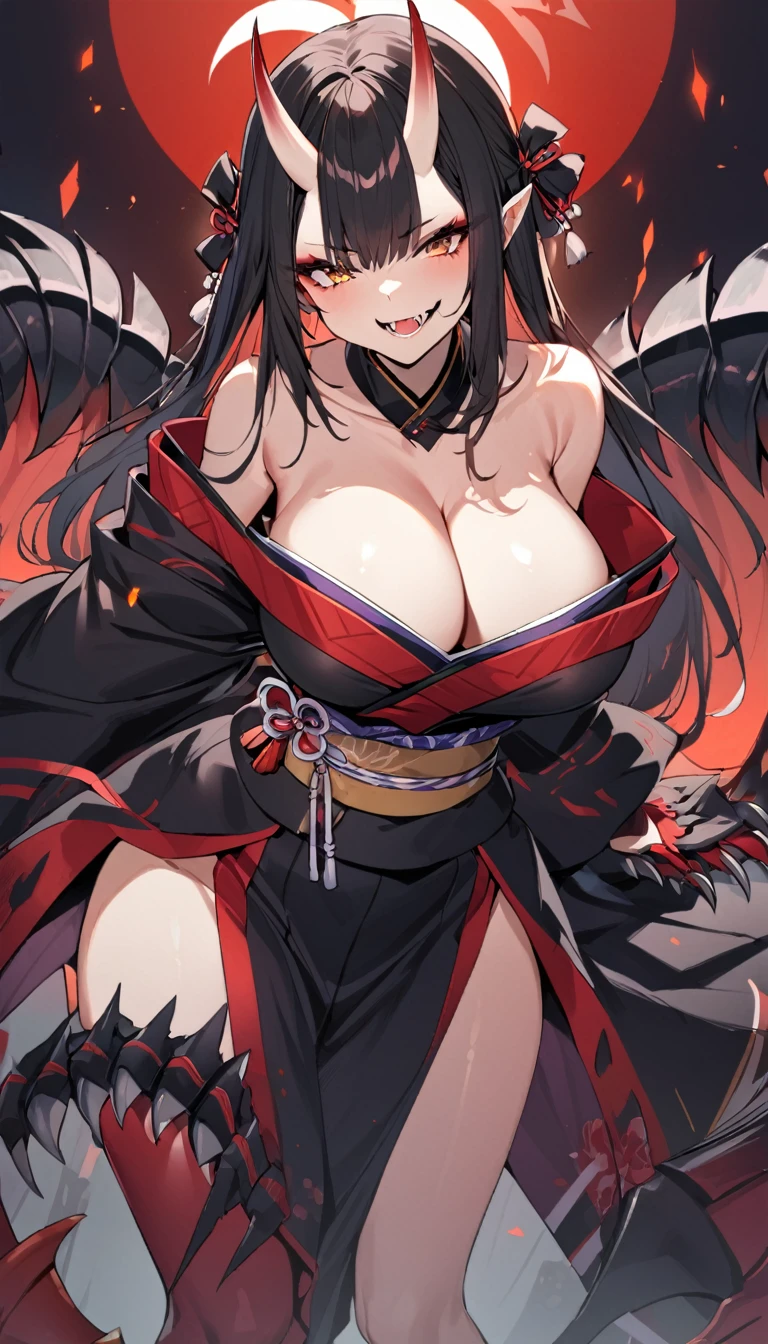 1girl, solo, oni girl, japanese kimono, large breasts, Black kimono, bare shoulders, Cleavage, Demon Horns, Long, sharp claws, tooth,
