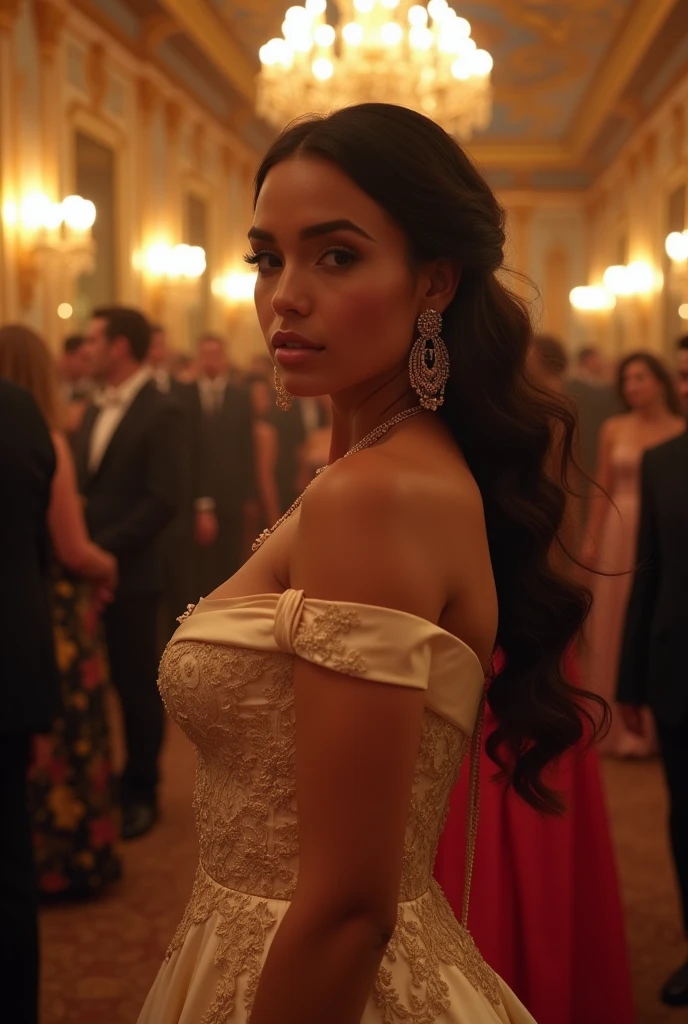 Women curvy hourglass body,in royal party, wearing bardot dress.