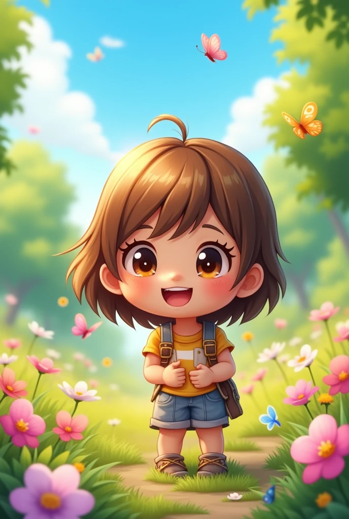 with straight light brown hair on the forehead a little chubby dark eyes