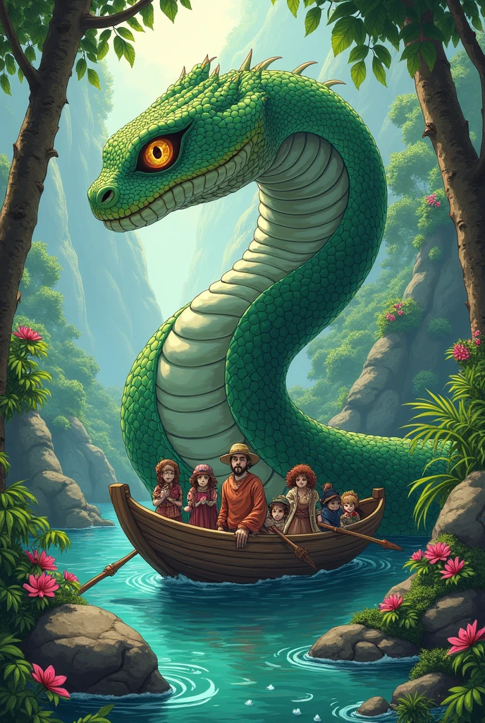 Boa snake with female breasts carrying boat with small humanoids on its back in manga style