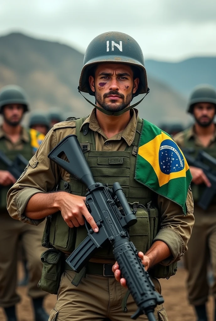 Illustrate a realistic light brown man all dirty with dust and all cut up from the Brazilian army commando battalion, with a large, strong and wide physique, He has short hair, with a tired but aggressive look, holding a heavy machine gun with a large cut on his face. He is fully equipped with a blue UN helmet and a long-sleeved Brazilian army uniform with the flag symbol on the shoulder.. He has a large, heavy vest. In the background leading an entire battalion of Brazilian soldiers