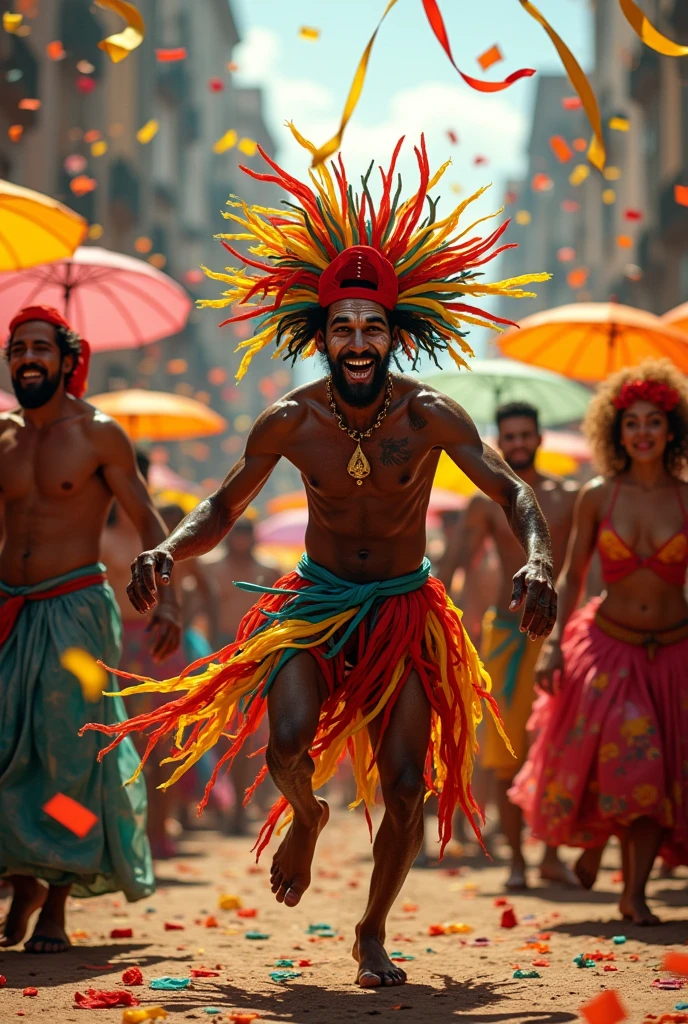 Saci Pererê with one leg at a very colorful frevo party