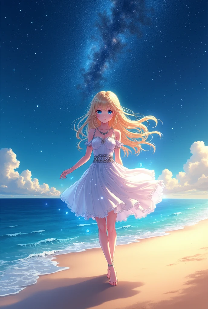 (masterpiece、Highest quality、8k、High resolution)、(The best beautiful girl)、Best Style、(The most beautiful face)、Clear skin、Clean blue eyes、Beautiful lips、Beautiful nose、Blonde Hair、Walking on the sand、Ocean、You can see the forest、A bright night with stars visible、Beautiful starry sky、milky way、(Mysterious light particles emitting from the body、Colorful Light)、(jewelry、necklace)、dress、(whole body)、Highly detailed anime art、A complete portrayal、Professional photographer、Professional Lighting、
