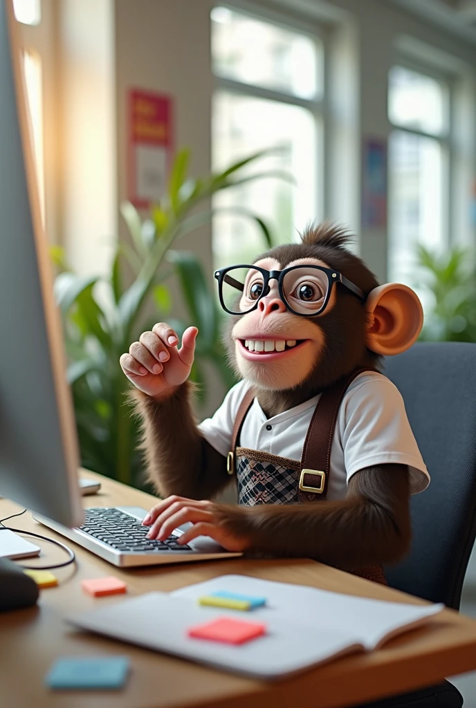 a monkey with bavarian lederhosen, in the office, with glasses working on a computer, joyful, Laugh , ambitious, telephoned,