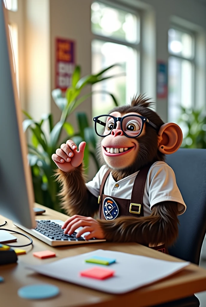 a monkey with bavarian lederhosen, in the office, with glasses working on a computer, joyful, Laugh , ambitious, telephoned, 