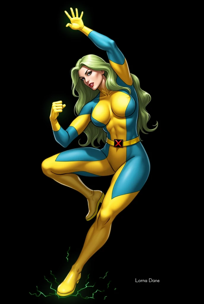 (Lorna Dane, polaris x-men, (attack uppercut pose:1.4), (busty and voluptuous body), (naked arms:1.4), (green thick wavy long hair:1.4), (huge breast:1.6), wearing a blue costume, big yellow in the chest and stomach, with yellow xmen belt, blue glowes, yellow boots, (she's surrounded by a green energy:1.5), (comic style:1.4)