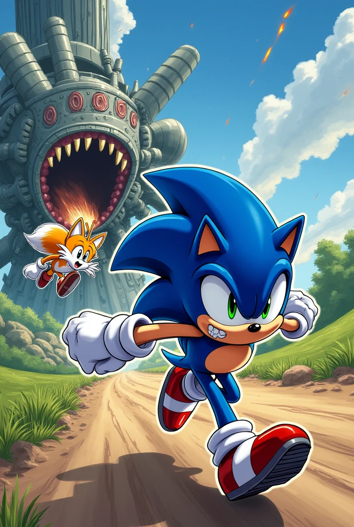 Sonic the Hedgehog's tail being captured by eggman, and Sonic the Hedgehog going to rescue his friend