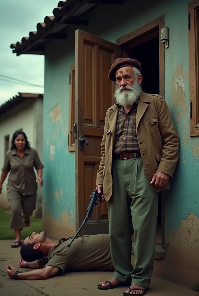 The image shows the facade of a modest house, with a partially open door. In front of the door, a 74-year-old man wearing a brown beret on his head, with an expression of despair and pain, holds a .37-caliber pistol in his hand. The man.
The image also shows a 29-year-old man lying on the ground, near the entrance, and to the left of the scene you can see the blurred figure of the young man's mother, who is trying to run towards him.