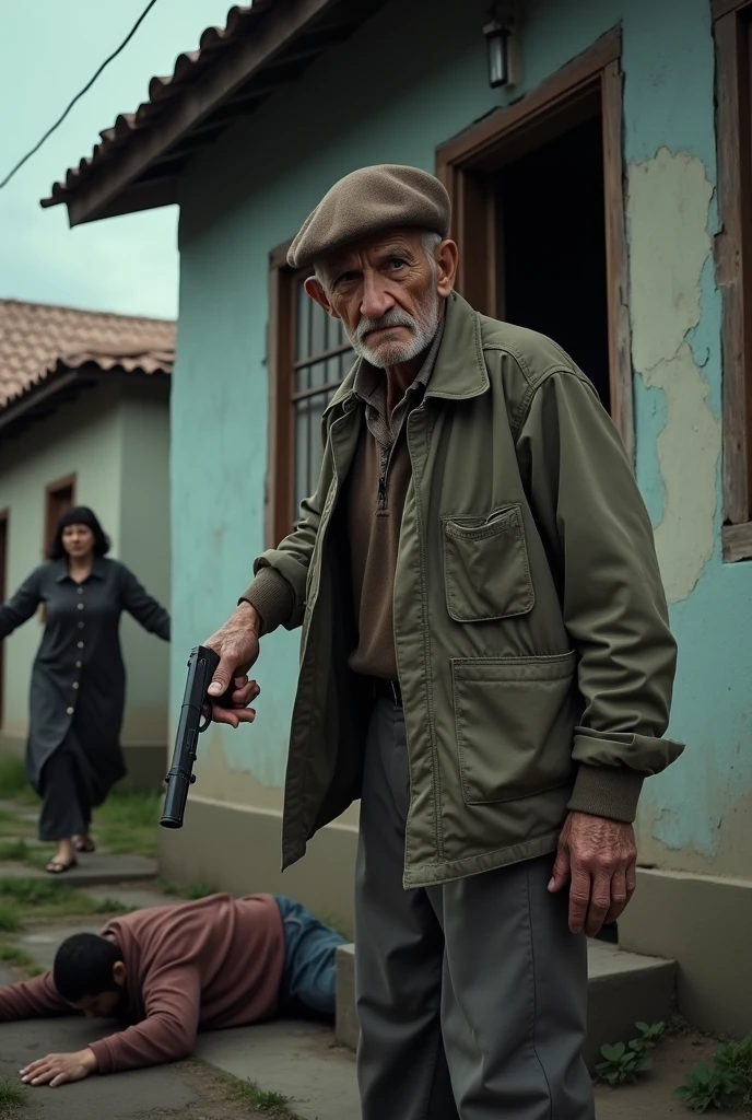 The image shows the facade of a modest house, with a partially open door. In front of the door, a 74-year-old man wearing a brown beret on his head, with an expression of despair and pain, holds a .37-caliber pistol in his hand. The man.

The image also shows a 29-year-old man lying on the ground, near the entrance, and to the left of the scene you can see the blurred figure of the young man's mother, who is trying to run towards him.