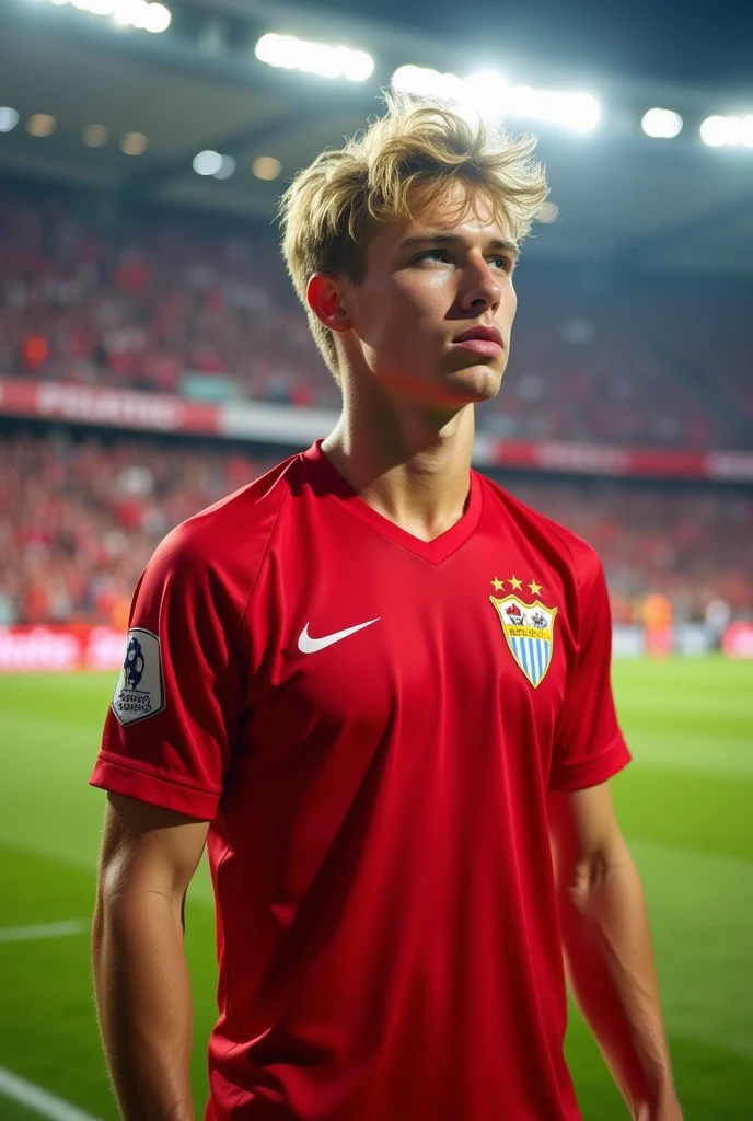 20 year old blond young football player wearing Sevilla jersey