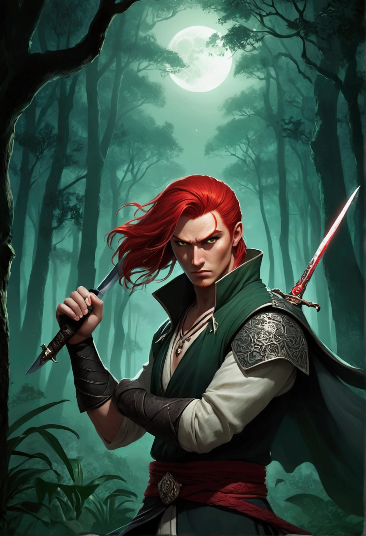 In the picture he is dressed in assassin style, There is a red-haired woman, He looks straight ahead and his face is visible.. His black eyes look slightly sad, but also filled with revenge and anger.. He has a jade-decorated dagger in his hand. There is a dark forest in the background, the moonlight hits you. The person in the picture is a woman and looks a little far away.