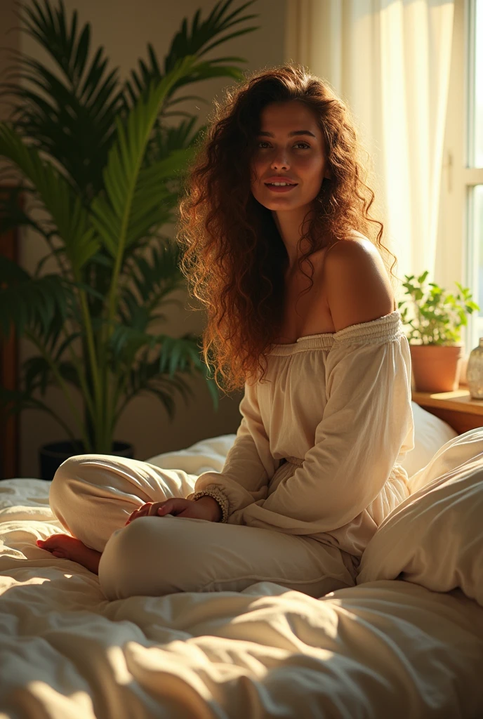 (photorealism:1.2), beautiful woman, sitting on bed, wearing loose off-shoulder top, pajama pants, long curly hair, indoors, soft lighting, plants in background, window with sunlight, cozy room, relaxed pose, realistic, intricate details, warm colors, by Greg Rutkowski, by Alphonse Mucha