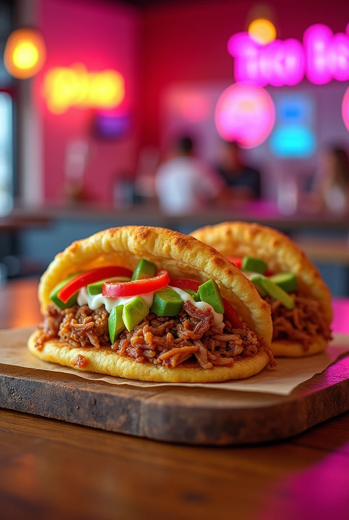 I want 4 images of Taco Bell-style arepas that revolutionize the market and are express food 

