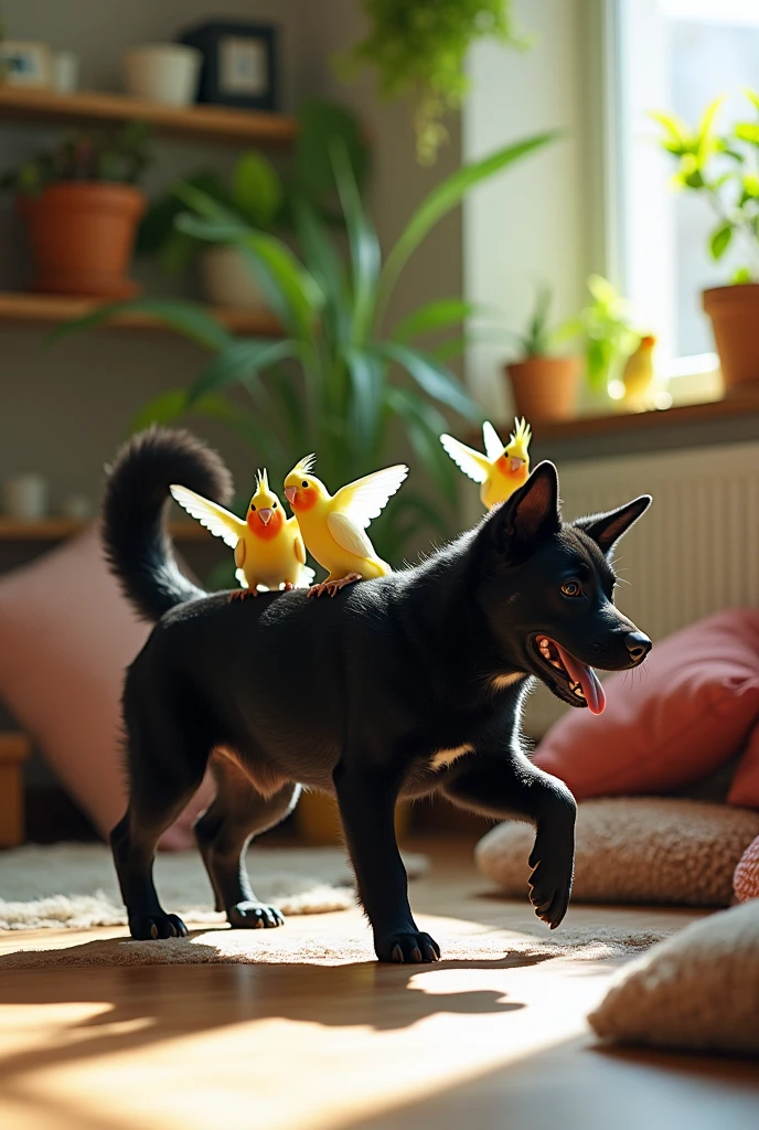 Make a cute black dog fighting with three cockatiels