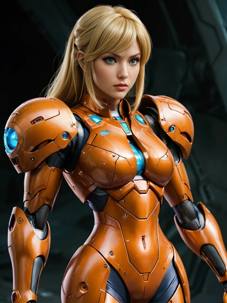 Samus in full battle armor except her breasts are visible.  her ass is larger than normal