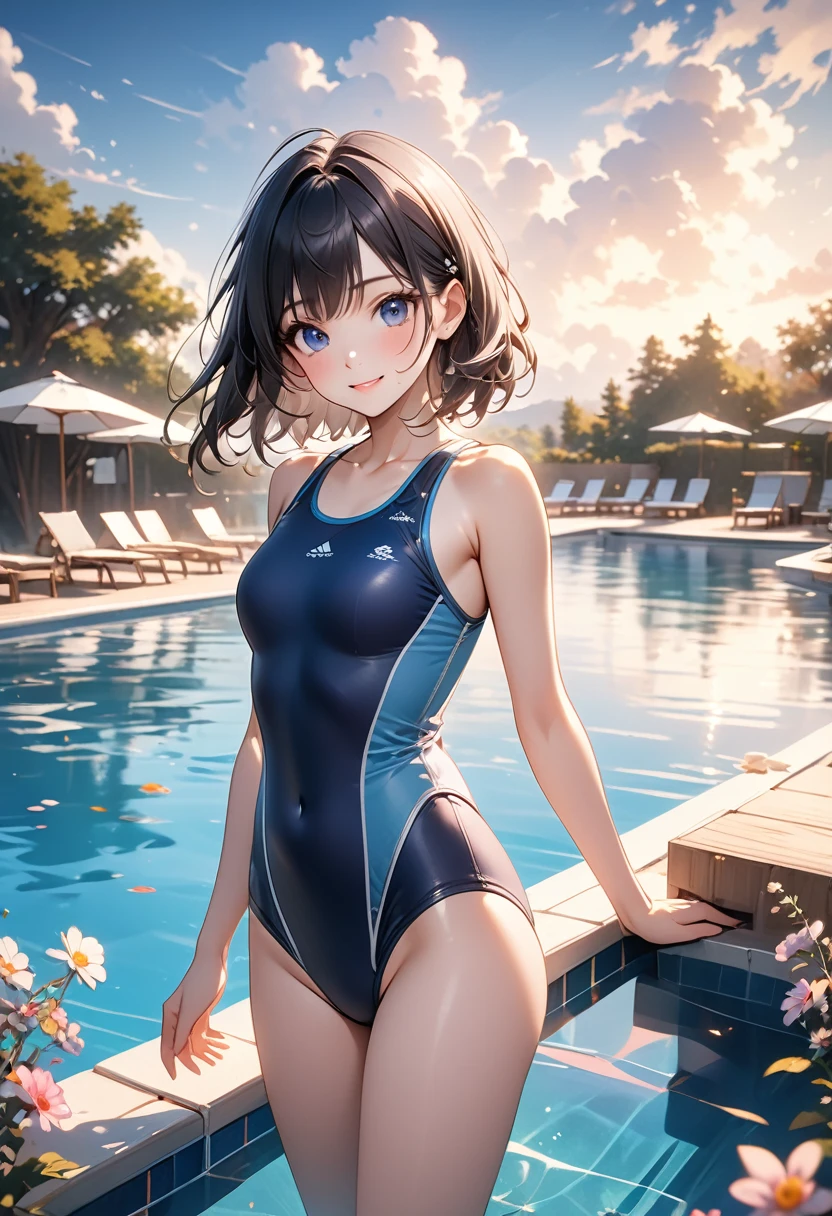 very cute and beautiful girl,(Very exquisite beautiful face and eyes),(Blue school swimsuit),
Are standing,Poolside,Small colorful flowers blooming in the meadow,
(smile),View your viewers,Black Hair,Cowboy Shot,
(Highest quality,masterpiece:1.0),Absurd,High resolution,Very detailed,Very detailed,32K,
Movie Scenes,Detailed Background,alone,Dynamic Angle,
Hair blowing in the wind,Beautifully detailed skies,, ai-generated,