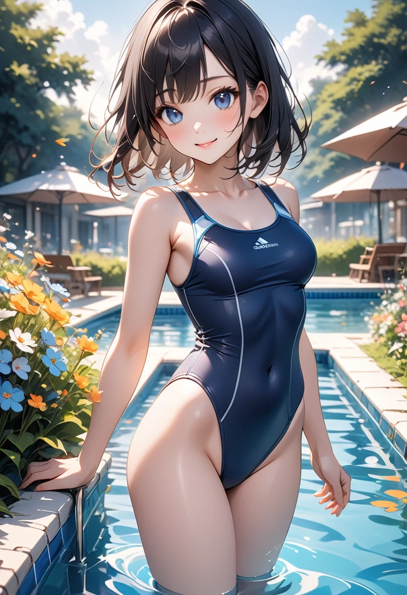 very cute and beautiful girl,(Very exquisite beautiful face and eyes),(Blue school swimsuit),
Are standing,Poolside,Small colorful flowers blooming in the meadow,
(smile),View your viewers,Black Hair,Cowboy Shot,
(Highest quality,masterpiece:1.0),Absurd,High resolution,Very detailed,Very detailed,32K,
Movie Scenes,Detailed Background,alone,Dynamic Angle,
Hair blowing in the wind,Beautifully detailed skies,, ai-generated,